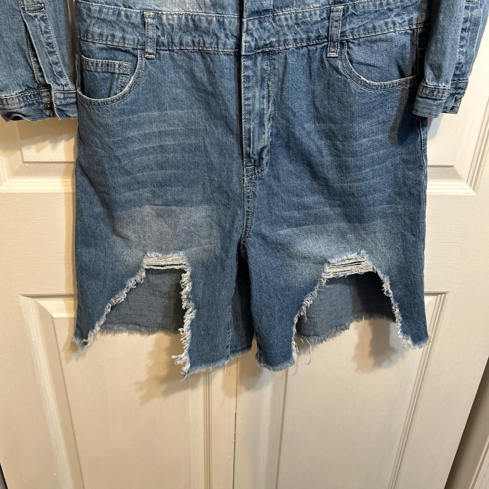 Fashion Nova Light Blue Distressed Denim Jumpsuit Romper - Picture 7 of 13